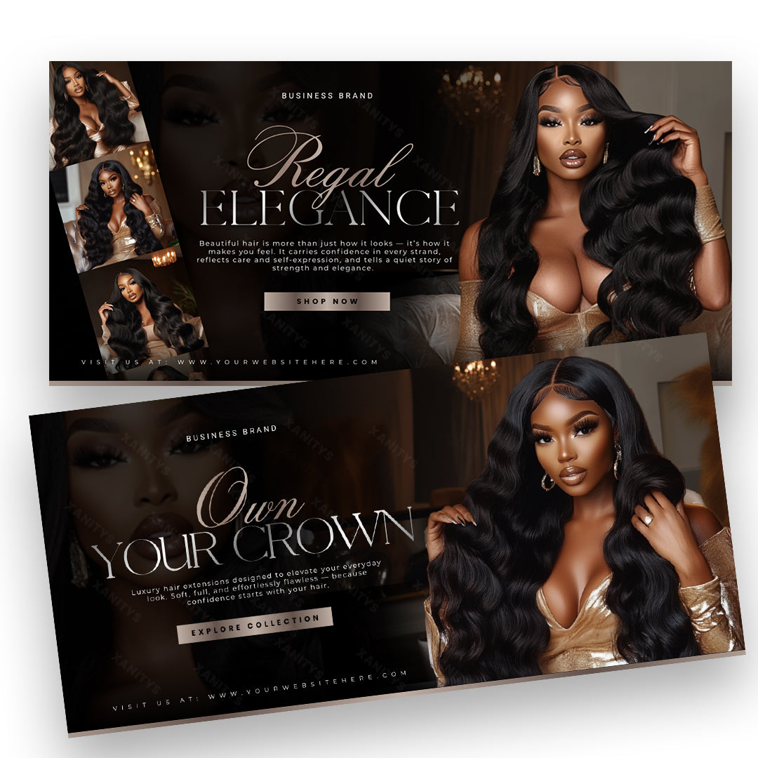 Hair Website Design with matching branding, editable Canva banners, and professionally designed Shopify pages.
