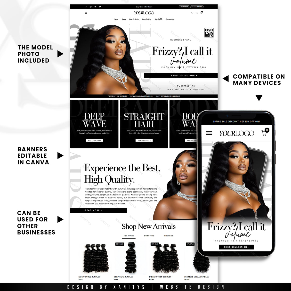 Hair Website Template with custom Shopify collection and product pages.