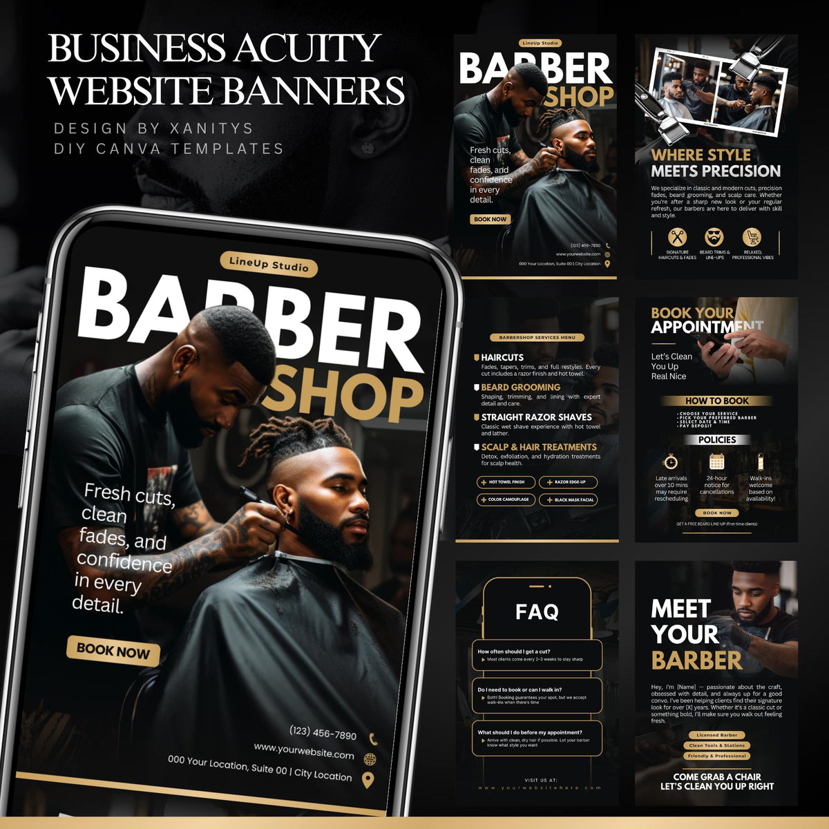 Barber Website Template Banners, Acuity Scheduling Barber Website, Barber Booking Website Design, Scheduling Template, Barbershop Branding