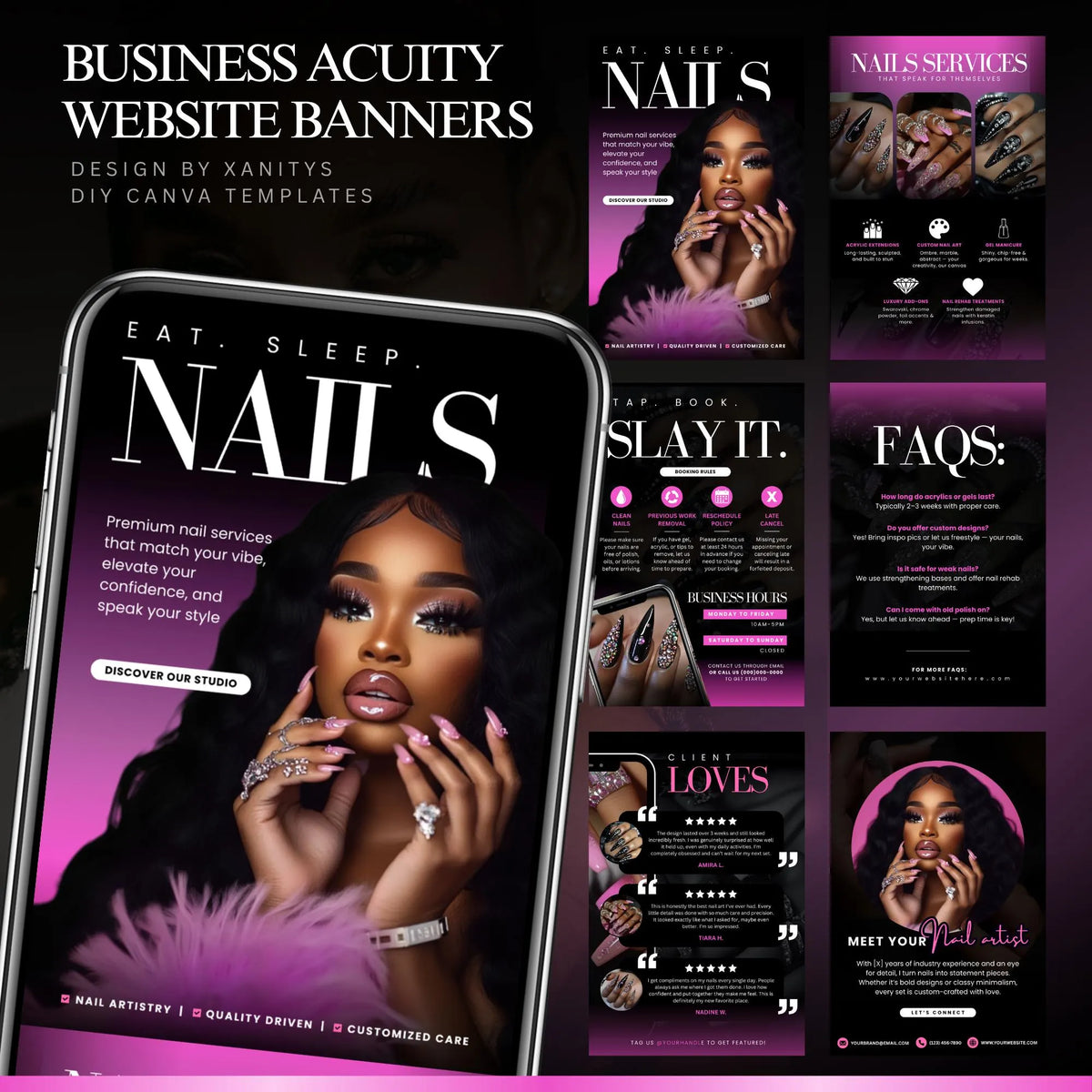 Acuity Scheduling Template, Nail Tech Acuity Scheduling Template, Nail Tech Branding, Nail Tech Website, Canva Nail Salon Website Banners