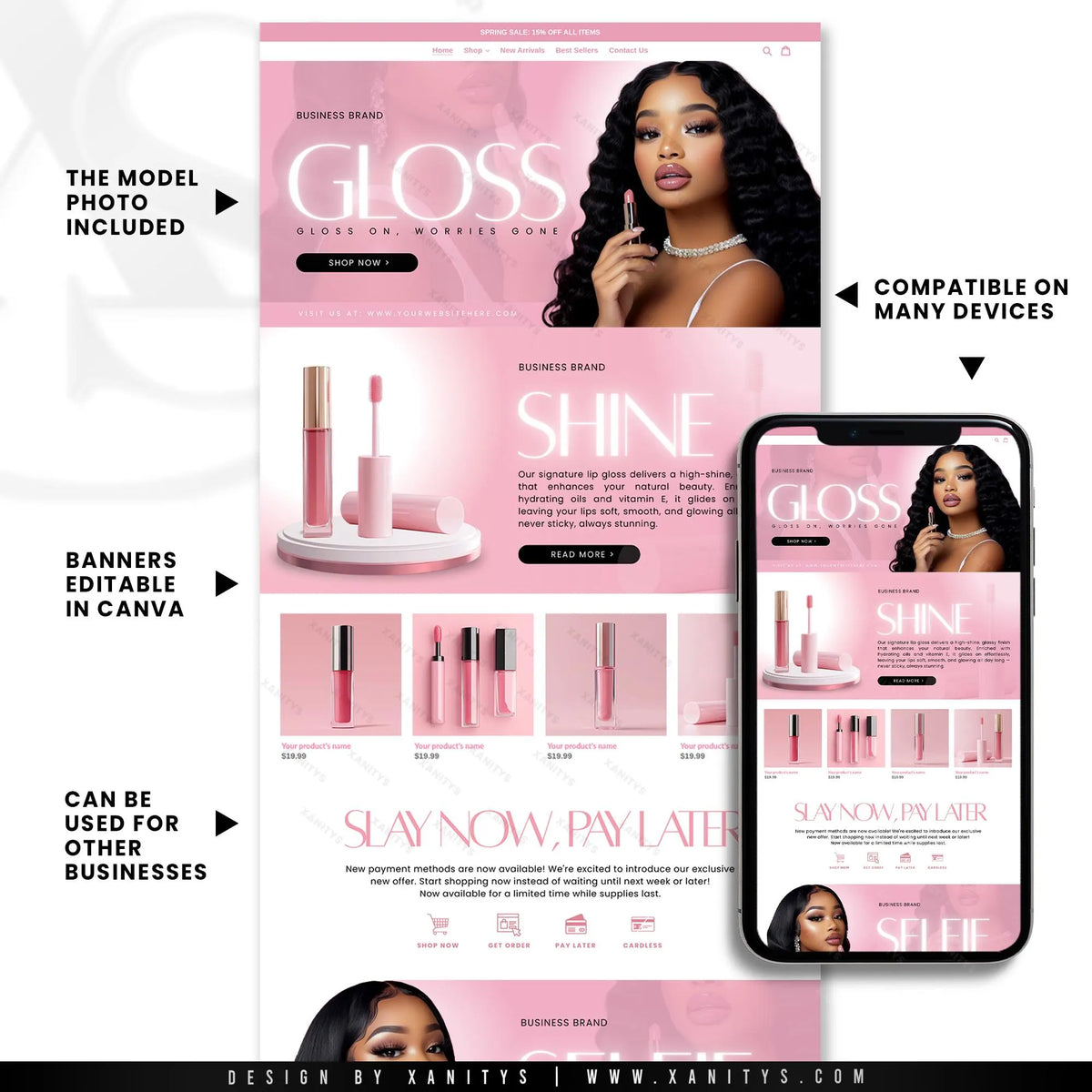 Lip Gloss Website, Cosmetics Website, Lip Gloss Template, Premade Shopify Lip Gloss Website Banners, Lashes Websit Banners