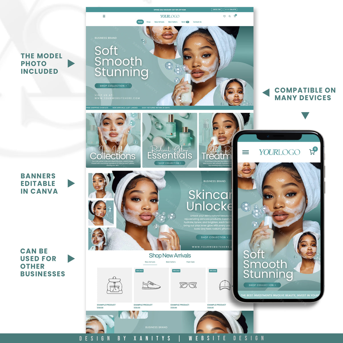 Responsive Skincare Website Template optimized for mobile beauty shopping.