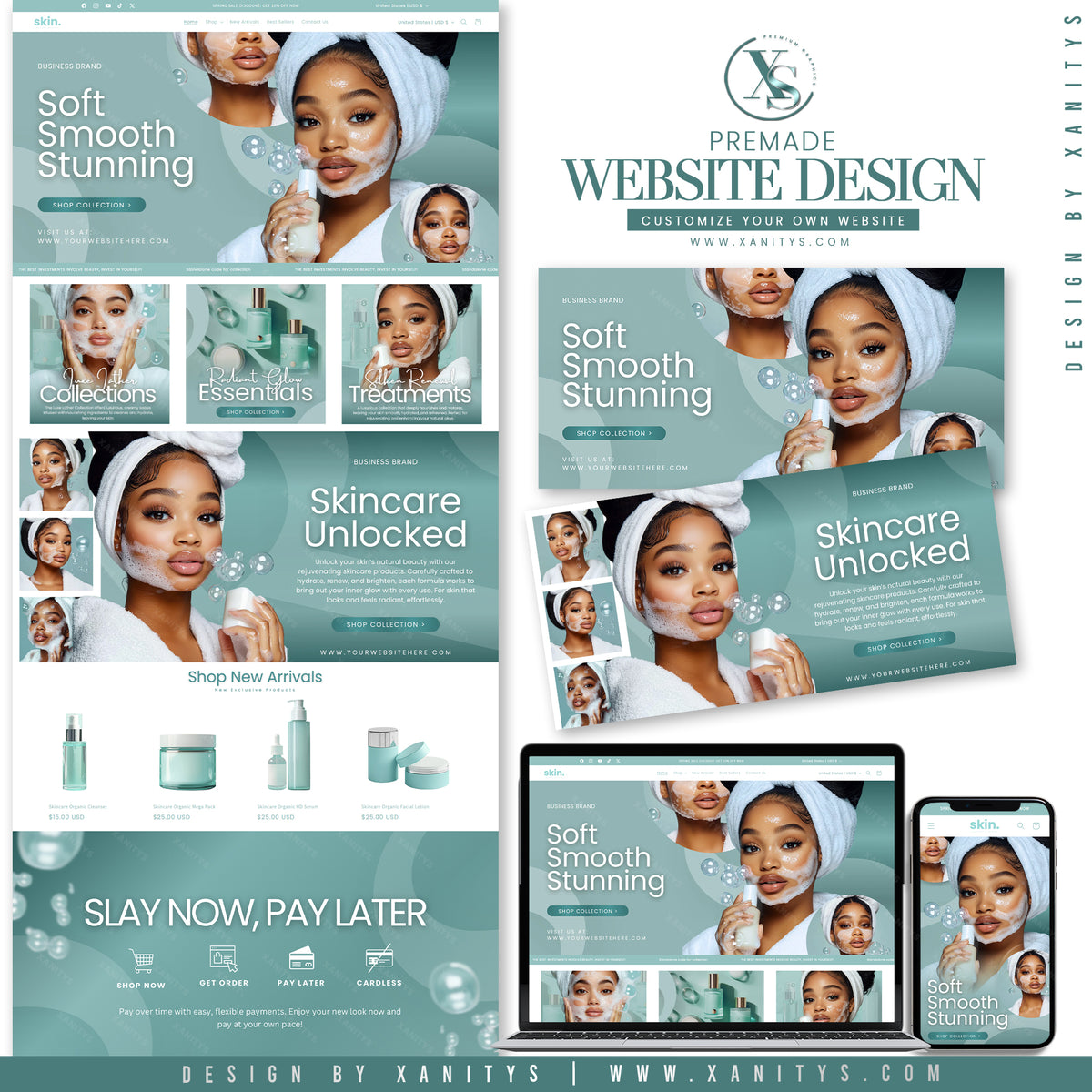 Skincare Website Design with coordinated branding and editable Canva banners.