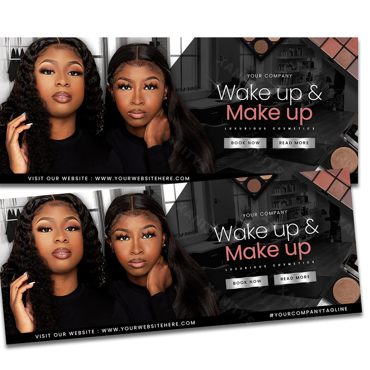 A premade Shopify theme for a lash business type with cosmetics graphic designs and model photos. Includes banner texts saying "WAKE UP AND MAKEUP". Shopify website design perfect for cosmetics and beauty stores.