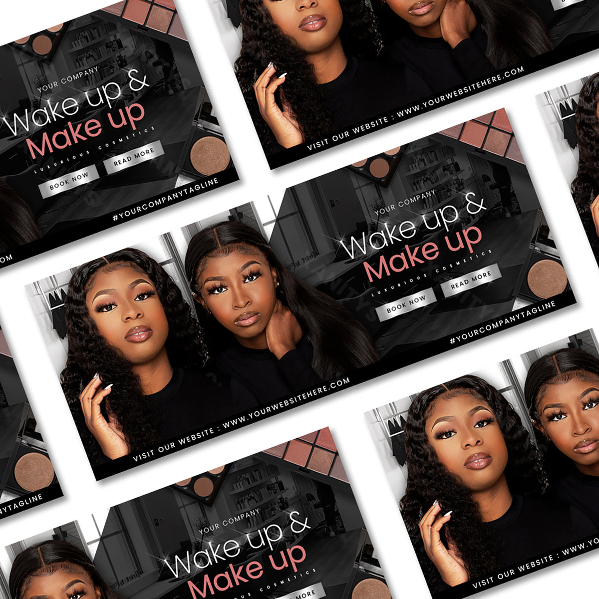 A cosmetics website banner for a Shopify store. Suitable for any cosmetics-related business such as makeup, lip gloss, skincare, etc. Includes different models and photos suited for a cosmetics business type.