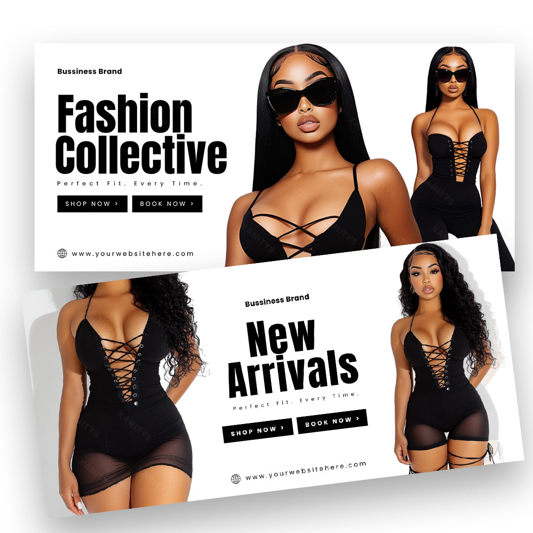 Clothing store website banners made on canva. These fashion website banners are editable.