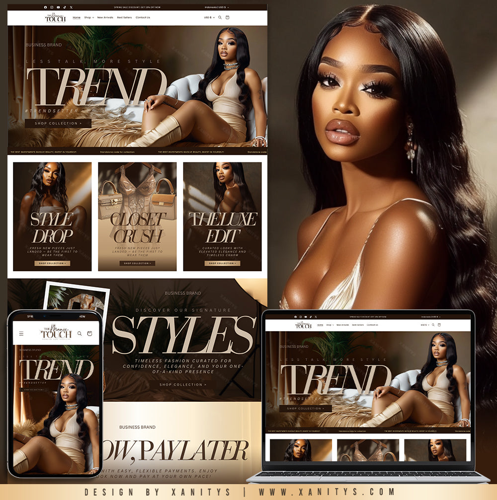 Shopify website template displayed on desktop, tablet, and mobile devices for a clothing boutique