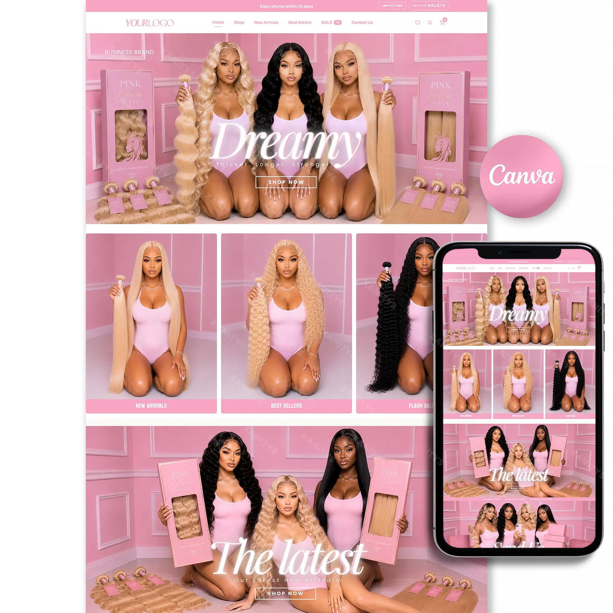Editable Canva website banner templates for Shopify hair brands.