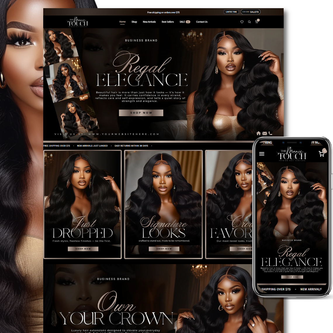 Hair Extension Website Template with a responsive Shopify layout for desktop and mobile shopping.