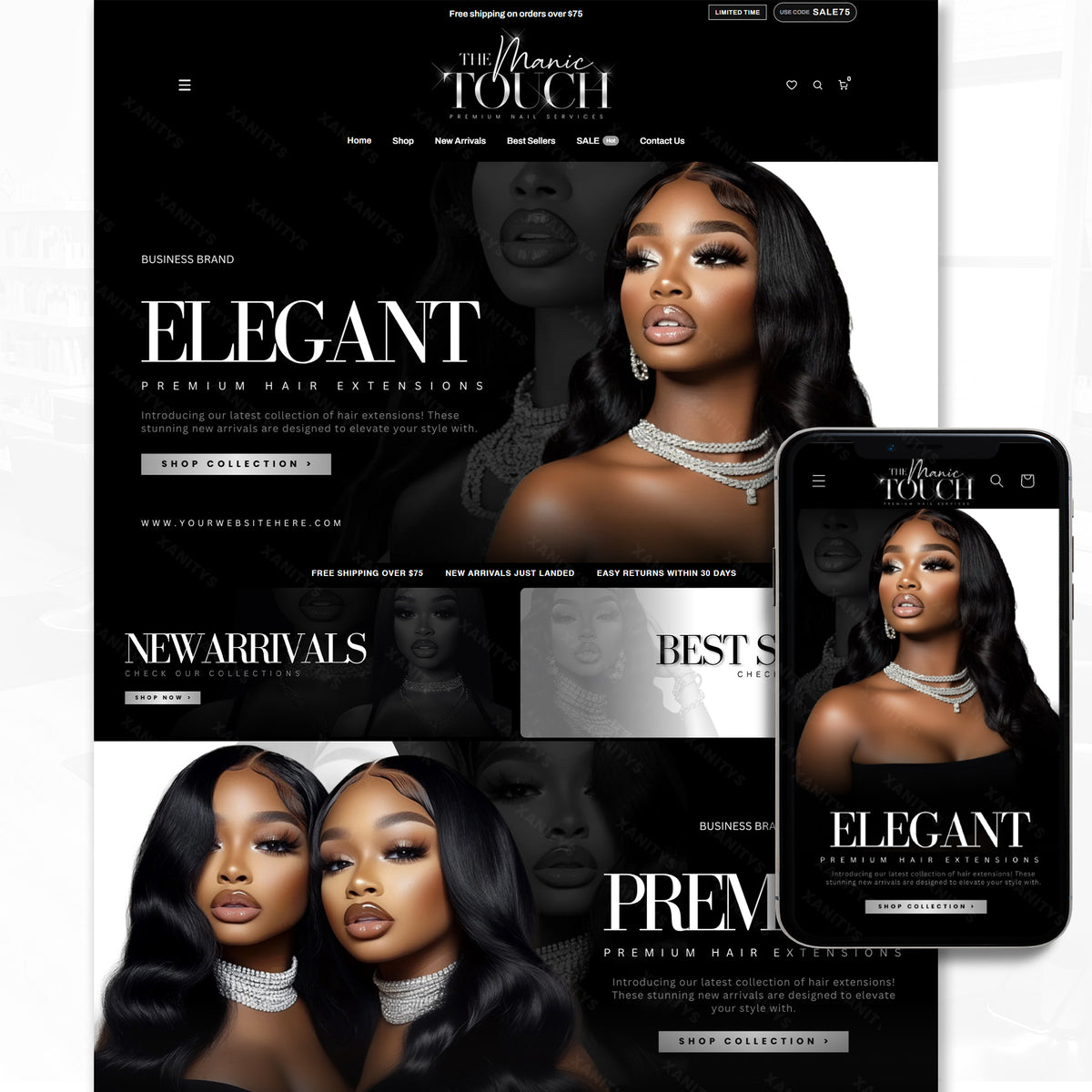 Hair Extension Website Template with a responsive Shopify homepage layout.