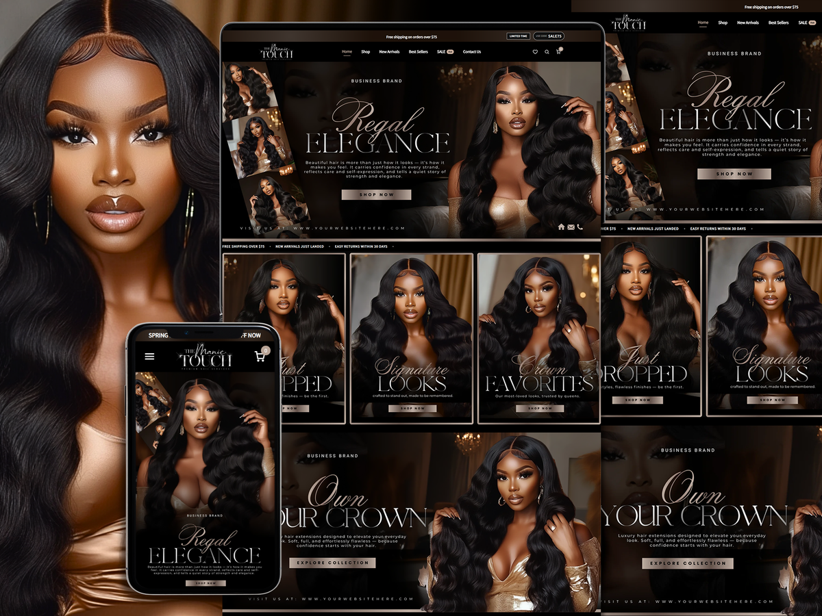 Shopify hair website design preview. Luxury hair branding template.