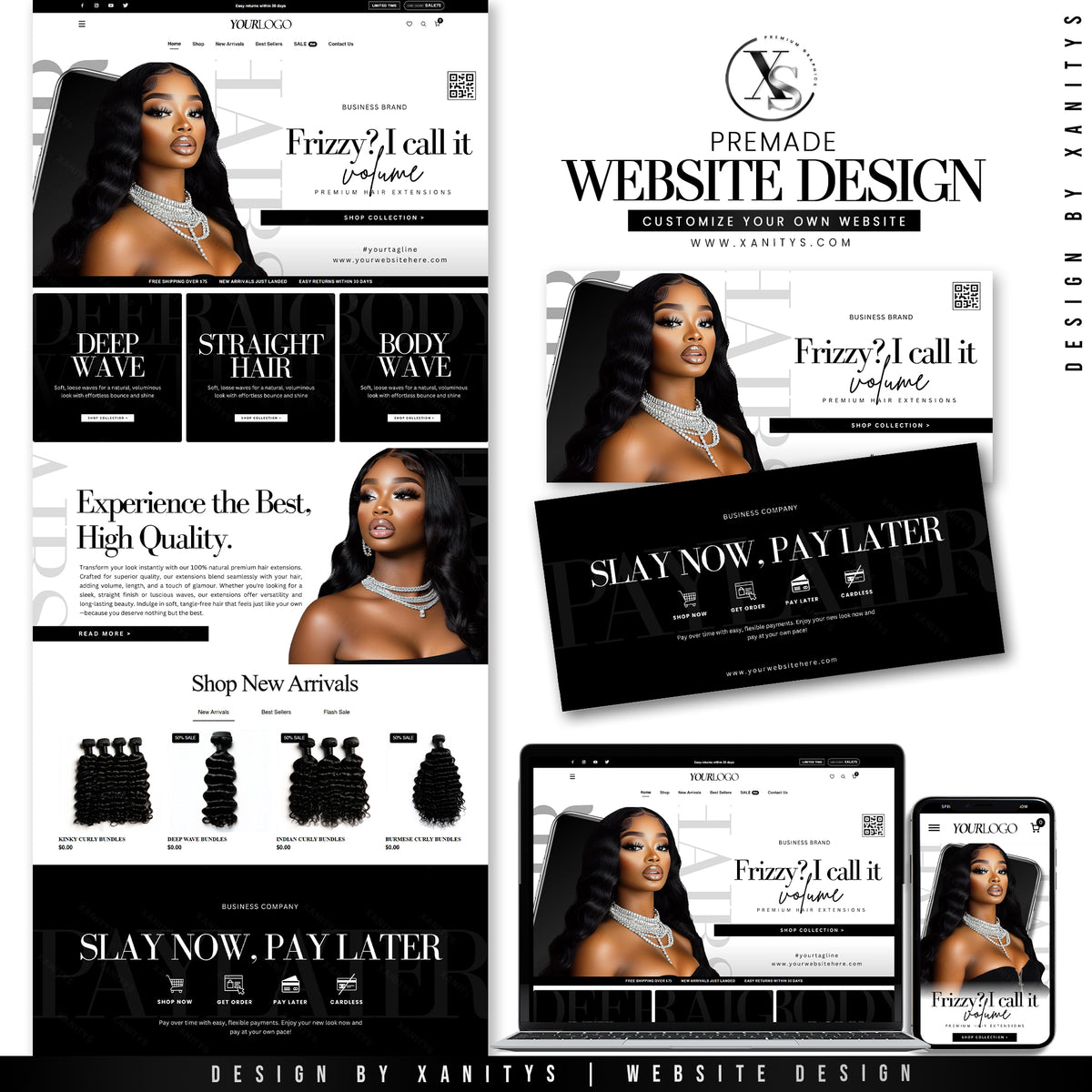 Hair Website Design with matching branding materials and editable Canva banners.