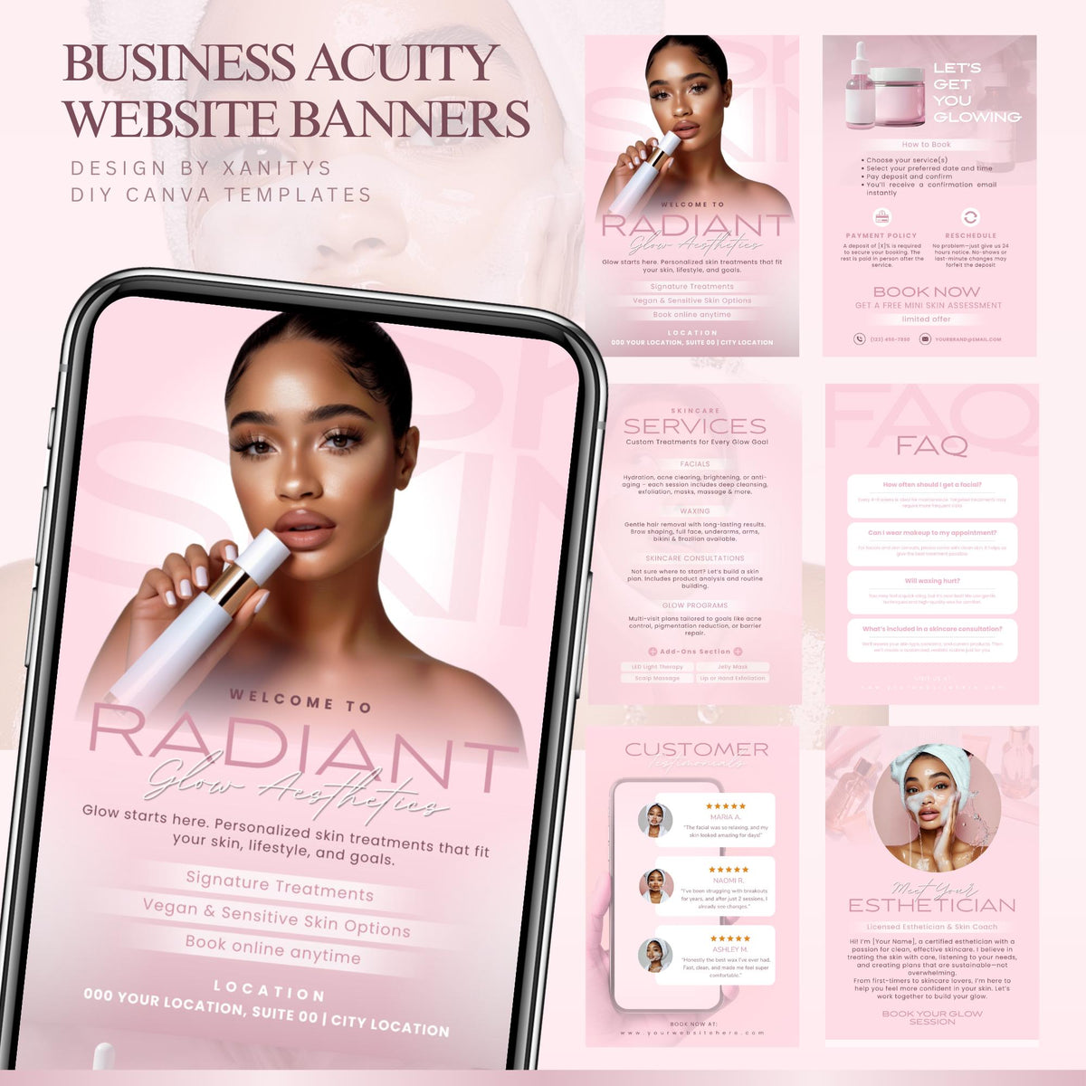 Acuity Scheduling Template Skincare Esthetician Booking Site Template, Esthetician Website, Medspa Website Canva Template, Skincare Branding | Radiant