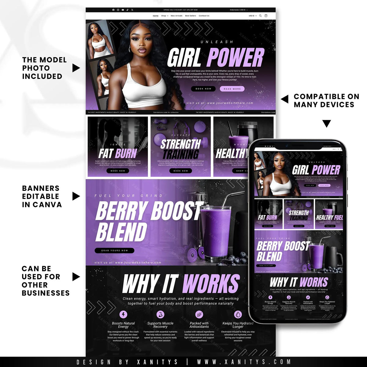 Fitness Website, Fitness Website Canva Banners, Fitness Coach Website, Personal Trainer Website, Fitness Branding, Fitness Banners