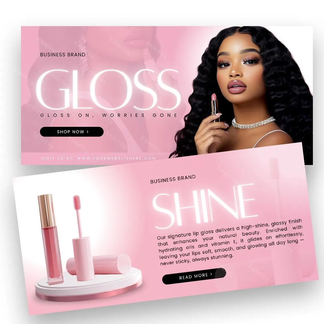 Lip Gloss Website, Cosmetics Website, Lip Gloss Template, Premade Shopify Lip Gloss Website Banners, Lashes Websit Banners
